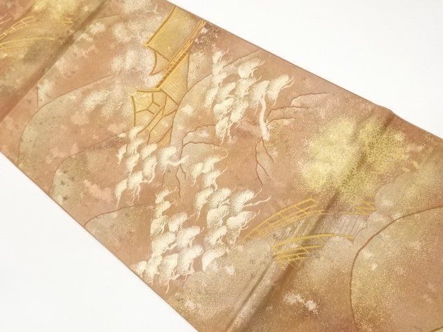 JAPANESE KIMONO / FUKURO OBI / KINSAI / HIKIHAKU / WOVEN TEMPLE SCENERY 